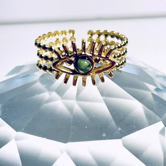 2/$20 ✨ LAST ONE! Evil Eye Beaded 18k Gold Plated Ring with Natural Green Stone - Picture 7 of 14
